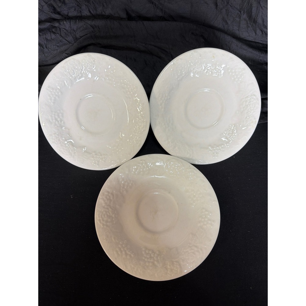 Gibson Housewares White China 6.5"Saucers Set of 3 Embossed Floral Grape Vine